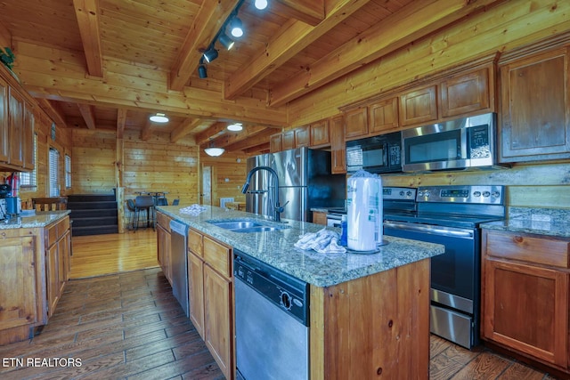 kitchen with a center island with sink, dark wood-style flooring, a sink, wood ceiling, and appliances with stainless steel finishes