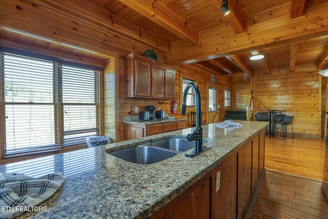 kitchen featuring wooden walls, wood ceiling, and dark wood-type flooring