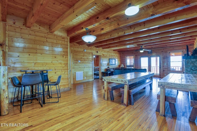 interior space with beamed ceiling, visible vents, hardwood / wood-style floors, wooden walls, and ceiling fan