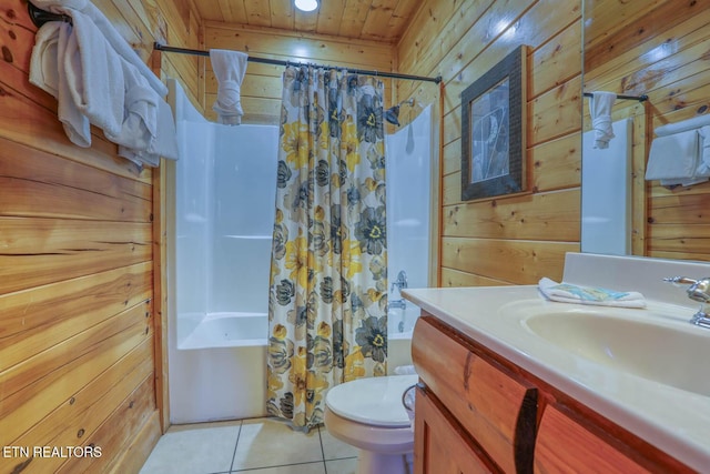 bathroom with tile patterned flooring, shower / bath combination with curtain, and wooden walls