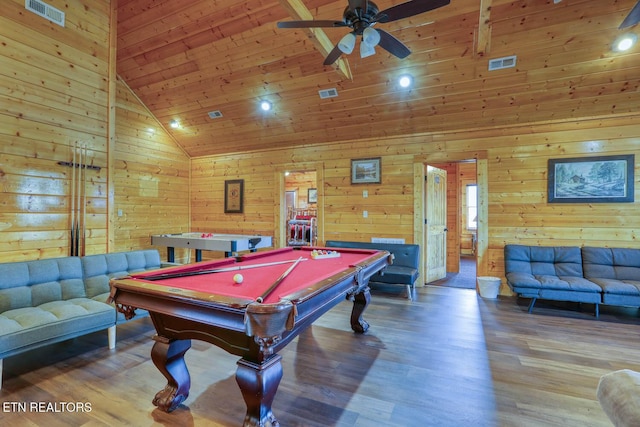 recreation room with a ceiling fan, billiards, wood finished floors, and visible vents