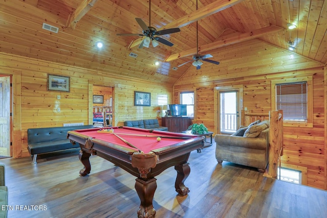 recreation room with a ceiling fan, wood finished floors, visible vents, pool table, and wooden ceiling