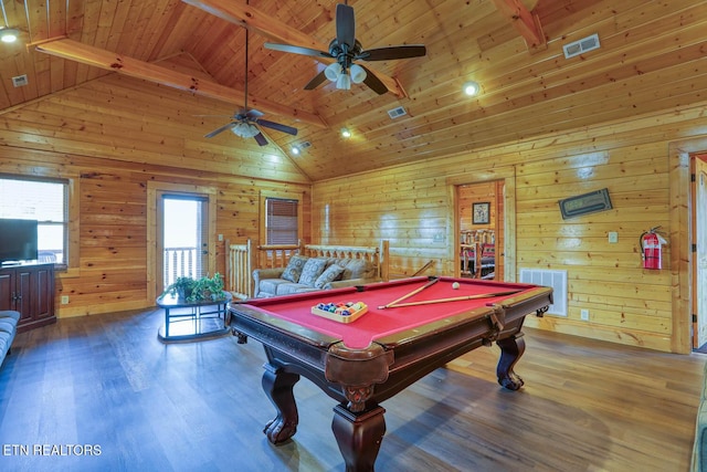 game room with visible vents, pool table, and wood finished floors