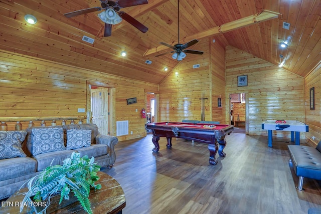 recreation room with visible vents, pool table, ceiling fan, wood ceiling, and wood finished floors