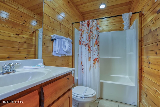 full bathroom featuring toilet, wood walls, tile patterned flooring, wood ceiling, and vanity