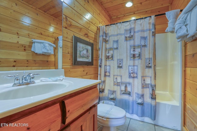 full bath with toilet, wood walls, tile patterned flooring, wood ceiling, and vanity