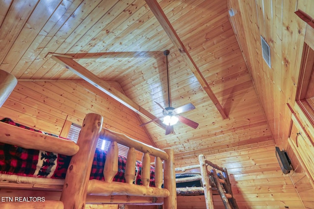 interior space with ceiling fan, beamed ceiling, wooden walls, and wooden ceiling