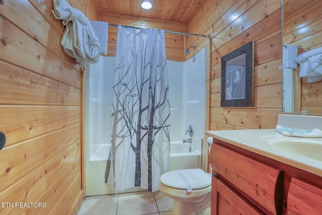 full bath featuring vanity, wooden walls, shower / bath combo with shower curtain, wooden ceiling, and tile patterned floors