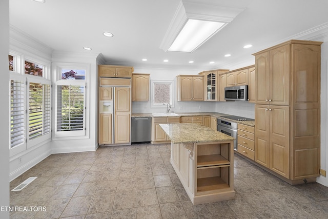 kitchen featuring appliances with stainless steel finishes, ornamental molding, baseboards, and open shelves