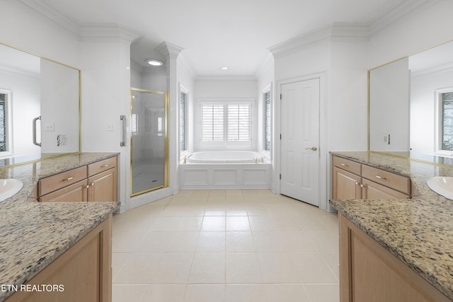 bathroom with ornamental molding, tile patterned floors, a stall shower, and a healthy amount of sunlight