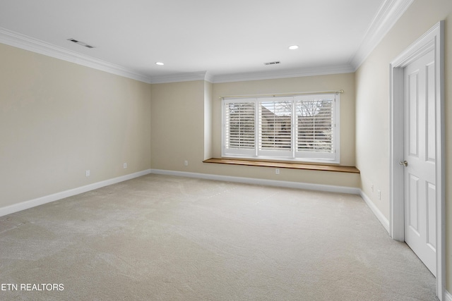 empty room with crown molding, visible vents, baseboards, and light colored carpet