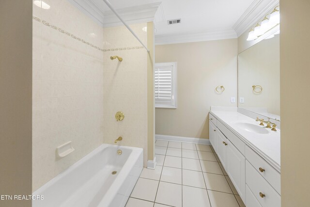 full bathroom featuring vanity, shower / tub combination, ornamental molding, visible vents, and tile patterned floors