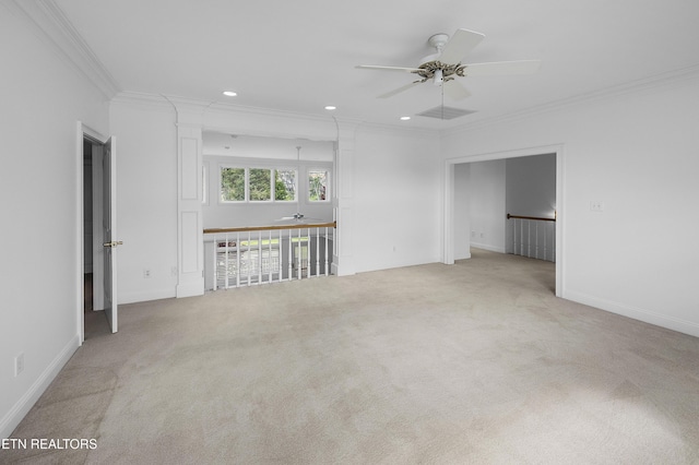 unfurnished living room featuring visible vents, ceiling fan, carpet, crown molding, and recessed lighting