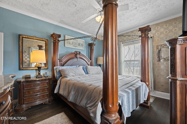 bedroom featuring a textured ceiling, dark wood-type flooring, crown molding, and wallpapered walls