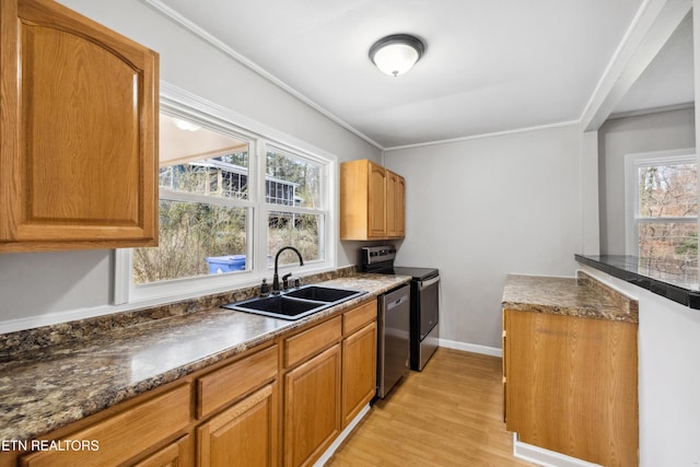 kitchen with light wood finished floors, stainless steel appliances, a wealth of natural light, and a sink