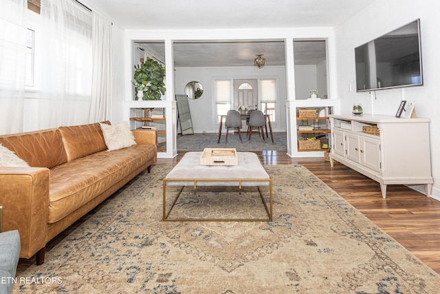 living room featuring dark wood-style floors