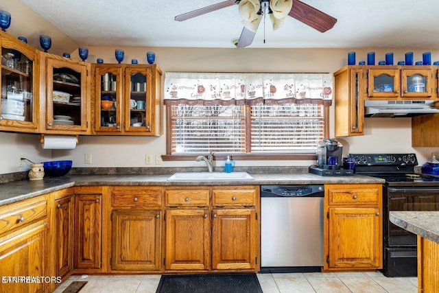 kitchen with brown cabinetry, a sink, black range with electric stovetop, under cabinet range hood, and dishwasher