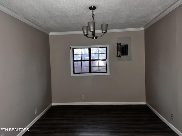 unfurnished dining area with dark wood finished floors, baseboards, a chandelier, and ornamental molding