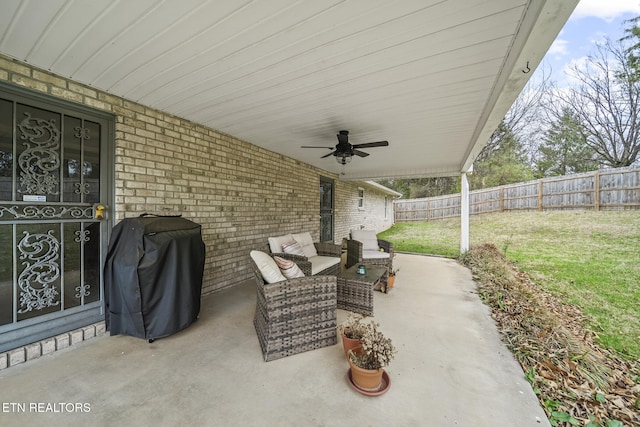 view of patio featuring ceiling fan, a fenced backyard, outdoor lounge area, and a grill