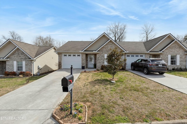 ranch-style house featuring concrete driveway, a garage, brick siding, and a front yard