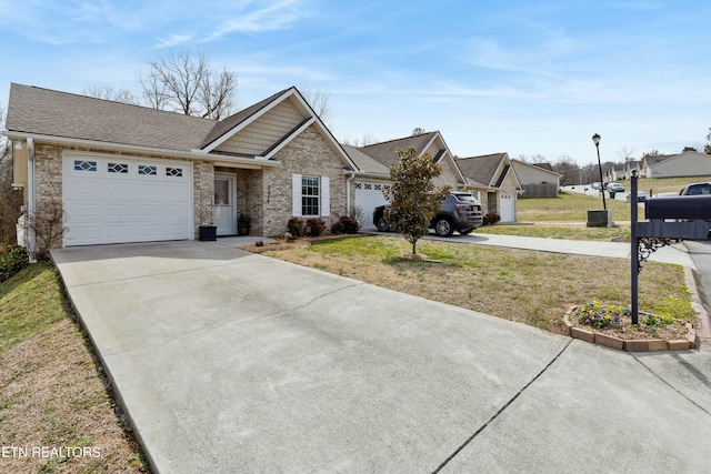 view of front of home featuring concrete driveway, an attached garage, brick siding, and a front lawn