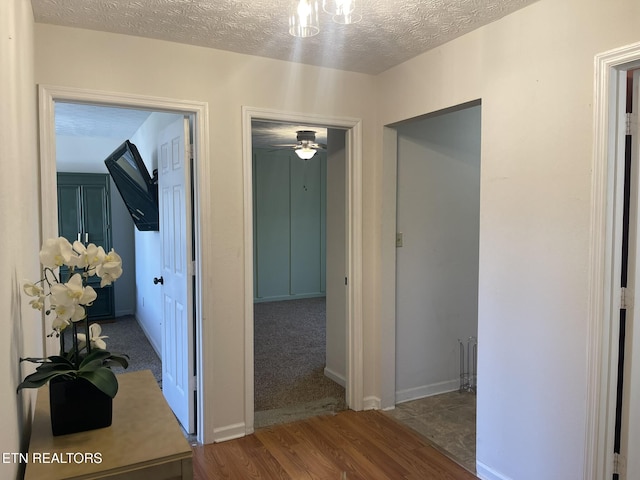 corridor with baseboards, a textured ceiling, and wood finished floors