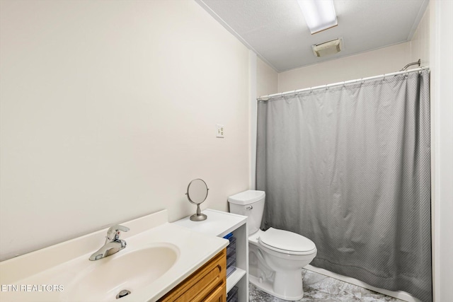 bathroom featuring a shower with curtain, toilet, and vanity