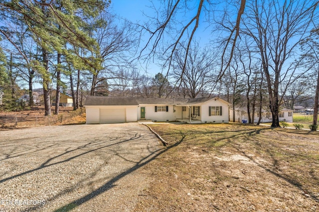 single story home featuring crawl space, an attached garage, driveway, and fence