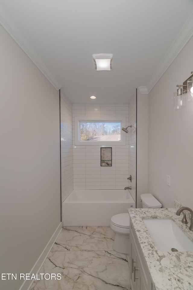 full bath with toilet, marble finish floor, ornamental molding, and shower / bathtub combination