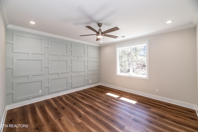 unfurnished bedroom with baseboards, dark wood-style flooring, and ornamental molding