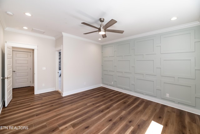 interior space with baseboards, crown molding, and dark wood-type flooring