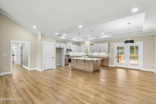 kitchen with a tray ceiling, crown molding, light wood-type flooring, and stainless steel appliances