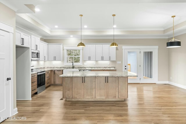 kitchen with light wood finished floors, a kitchen island, a tray ceiling, appliances with stainless steel finishes, and white cabinets