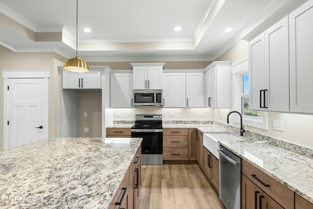 kitchen with a sink, a tray ceiling, stainless steel appliances, white cabinets, and light wood finished floors