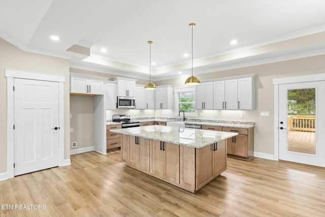 kitchen featuring a center island, light wood finished floors, stainless steel appliances, and a tray ceiling