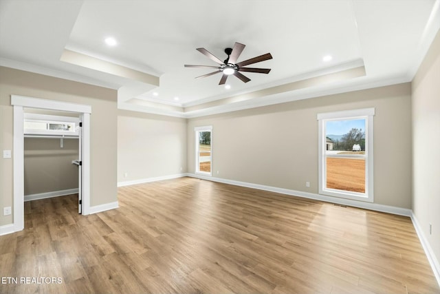 interior space featuring a raised ceiling, multiple windows, and light wood-type flooring