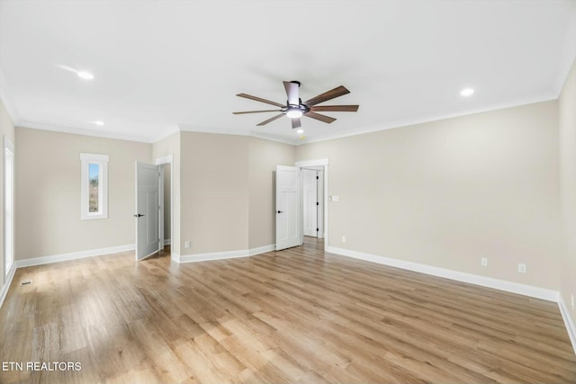 unfurnished room featuring crown molding, baseboards, ceiling fan, recessed lighting, and light wood-style floors