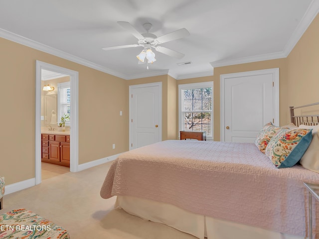 bedroom with ornamental molding, a ceiling fan, baseboards, and light carpet