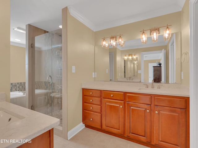 bathroom with tile patterned flooring, a shower stall, a garden tub, ornamental molding, and vanity