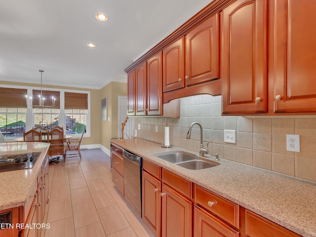 kitchen with tasteful backsplash, ornamental molding, hanging light fixtures, black appliances, and a sink