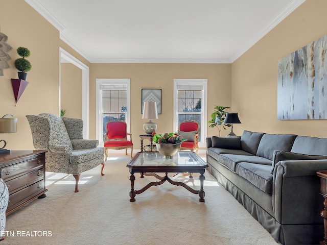 living area with plenty of natural light, ornamental molding, and carpet flooring