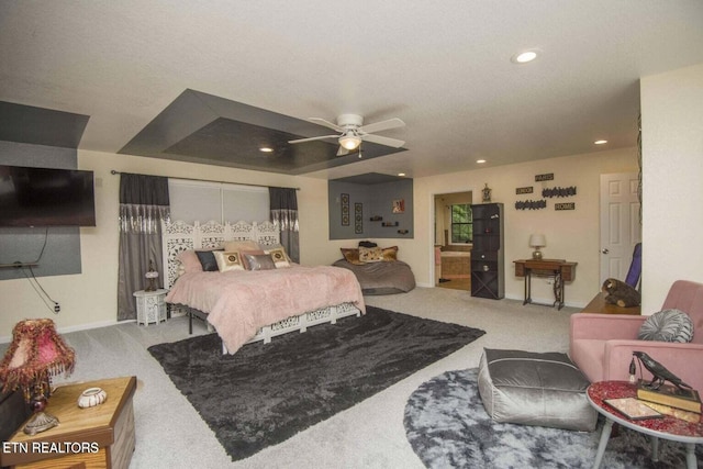 carpeted bedroom featuring recessed lighting, baseboards, and ceiling fan