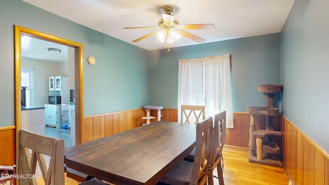 dining space with a healthy amount of sunlight, wood walls, and wainscoting