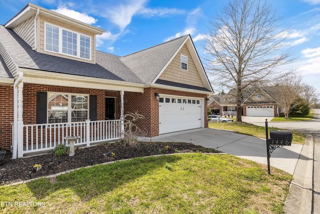 view of front facade featuring covered porch, a shingled roof, concrete driveway, a garage, and brick siding