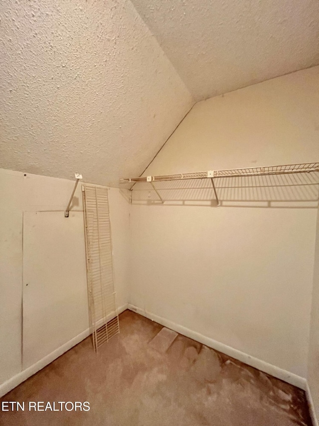 walk in closet with lofted ceiling and carpet