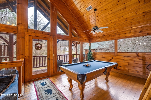 game room featuring visible vents, light wood-style flooring, wood walls, pool table, and wood ceiling