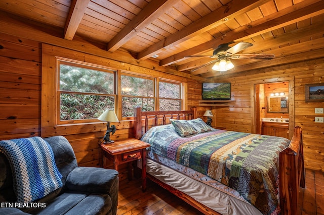 bedroom with hardwood / wood-style floors, beam ceiling, wooden ceiling, and wood walls