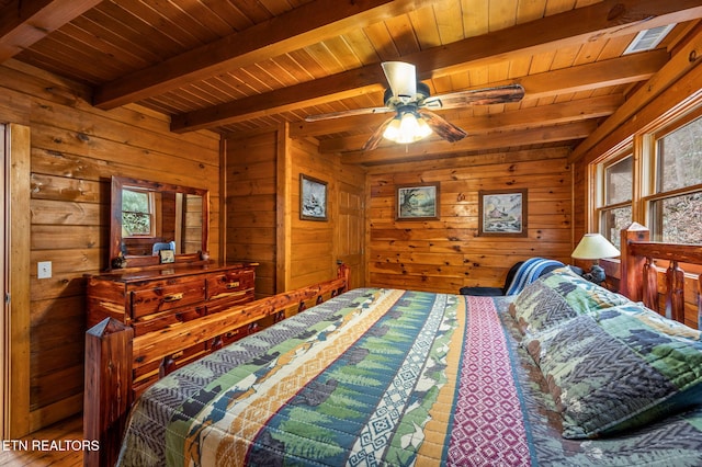 bedroom with beamed ceiling, multiple windows, wood ceiling, and visible vents