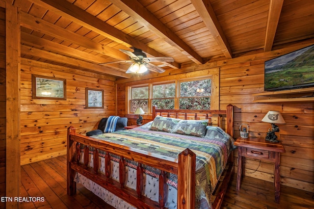 bedroom with beamed ceiling, wooden walls, hardwood / wood-style floors, and wooden ceiling