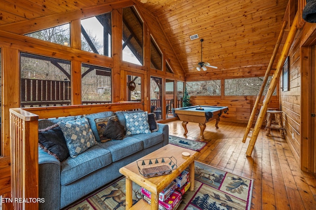 living area featuring wooden walls, visible vents, pool table, hardwood / wood-style flooring, and wooden ceiling